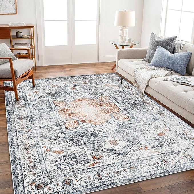 CHAMPLANT Area Rug 9x12 Washable Orange Gray Vintage Traditional Mat Distressed Indoor Foldable Thin Retro Accent Floral Print Rug Non Slip Carpet Living Room Dining Room Office