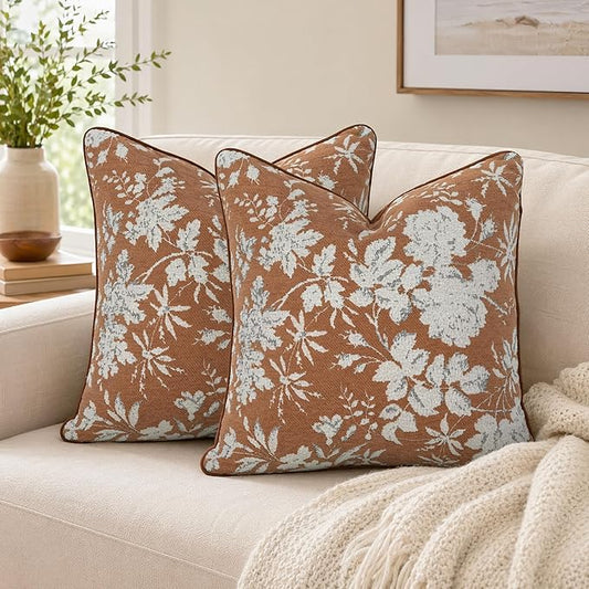 Khaki Vintage Floral Pillow Covers 18x18 Inch Set of 2, Velvet Farmhouse Throw Pillows with Piped Edges Decorative Square Accent Covers for Couch Sofa Bed Living Room