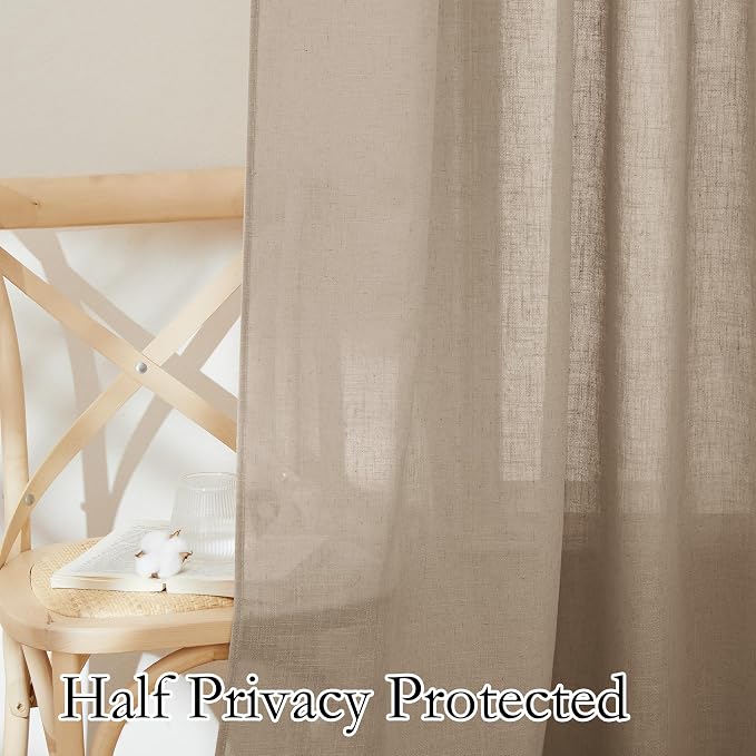 RYB HOME Linen Sheer Curtains for Living Room, Boho Classic Linen Blend Elegant Light Filtering Privacy Protected Panels Ceiling Curtains for Bedroom Gym Room, Khaki, 52" W x 108" L, 2 Panels