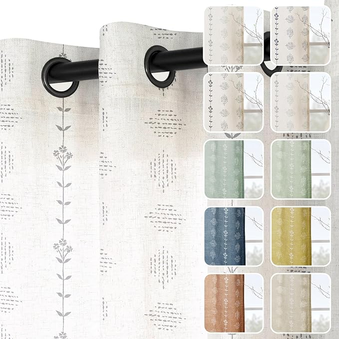Grey Striped Linen Farmhouse Curtains for Living Room, Light Gray Linen Sheer Boho Floral Pattern Curtains for Bedroom, 52 Inch Wide x 84 Inches Long