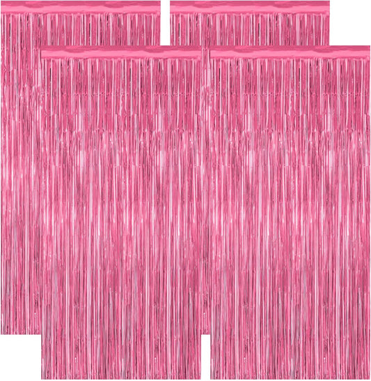 4 Pack Birthday Decorations, 3.28 FT x 7.05 FT Pink Backdrop, Metallic Happy Birthday Backdrop Fringe Curtains Party Streamer, Bachelorette Party Decorations Princes Birthday Party Decor