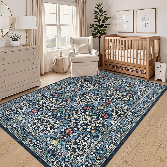 GarveeHome Floral Area Rugs 5x7, Dark Blue Washable Rug for Living Room, Bedroom, Low Pile Non Slip Stain Resistance Indoor Boho Carpet Mat for Farmhouse, Dining Room, Office