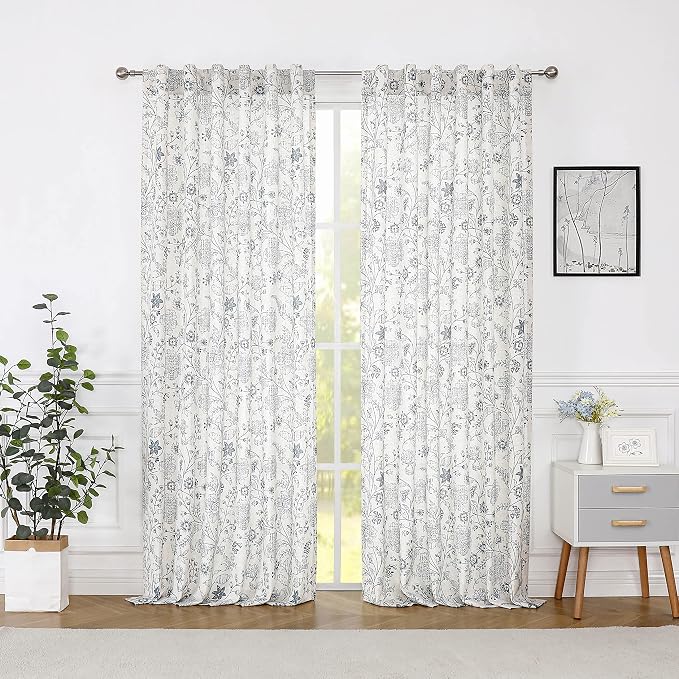 Vision Home Blue Floral Linen Curtains Back Tabs Rod Pocket Semi Sheer Farmhouse Window Curtains for Bedroom Living Room Light Filtering Drapes 63 inch Blue on Beige 2 Panels,54" Wx63 L