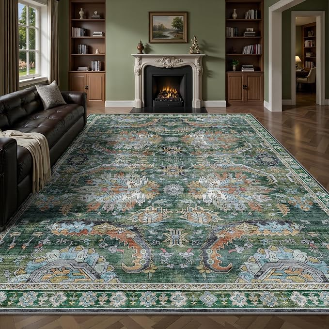 9x12 Area Rug, Vintage Retro Soft Washable Rug, Non-Slip Low Pile Rugs for Living Room, Bedroom, Dining Room, Stain Resistant Home Decor Rug (Green)