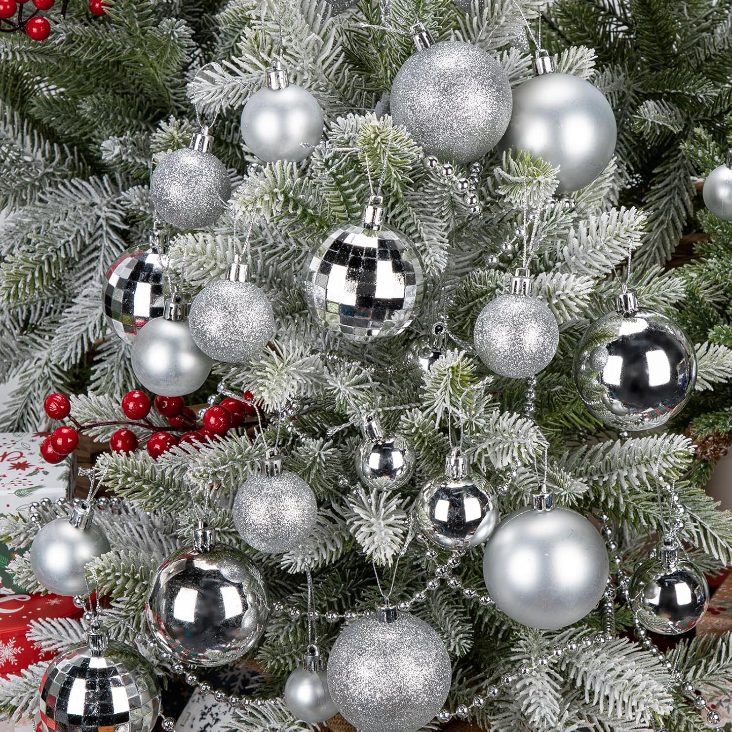 50pcs Silver Christmas Ball Ornaments Silver Large Shatterproof Christmas Tree Decorations Xmas Tree Ornaments Balls with Hanging Loop for Xmas Wedding Holiday Party Wreath Home Decor