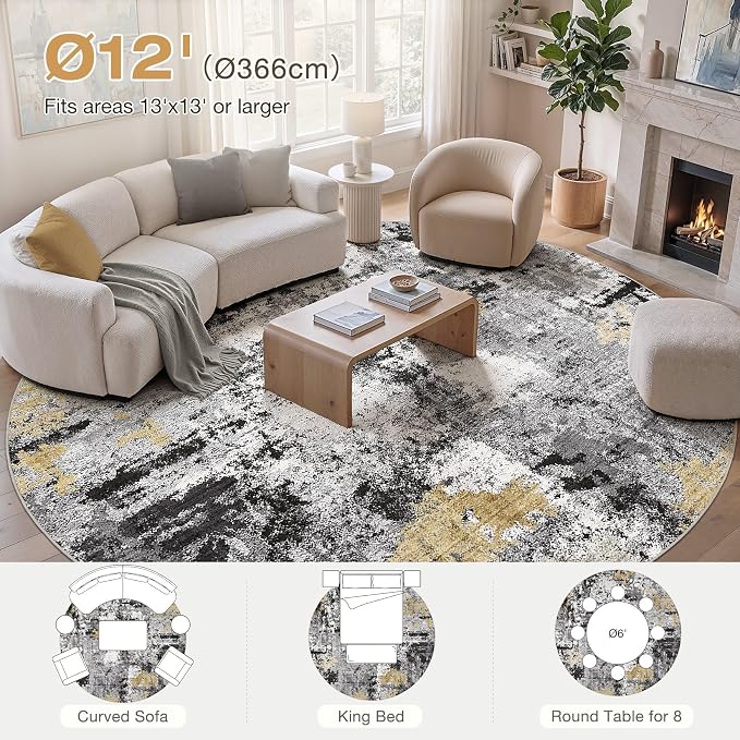 Abstract 12FT Round Rug: Machine Washable Non Slip Ultra Thin Low-Pile Carpet, Soft Stain Resistant for Living Dining Room Bedroom, Kid Pet Friendly, Robot Vacuum Compatible - Black Gold