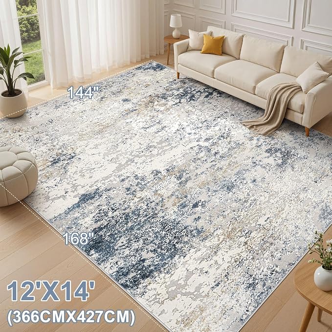 DMOYEST Area Rug Living Room Rugs - 10x14 Abstract Large Soft Indoor Washable Rug Neutral Modern Low Pile Carpet for Bedroom Dining Room Farmhouse Home Office - Beige Blue