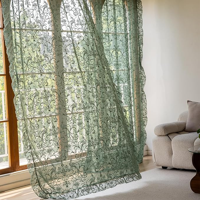 TUDECO Olive Green Lace Curtains 63 Inch Length - Vintage Sheer Floral Ruffle Curtains for Bedroom French Spring Light Privacy Window Treatment Rod Pocket 2 Panels, 59 x 63 Inch, Dark Green