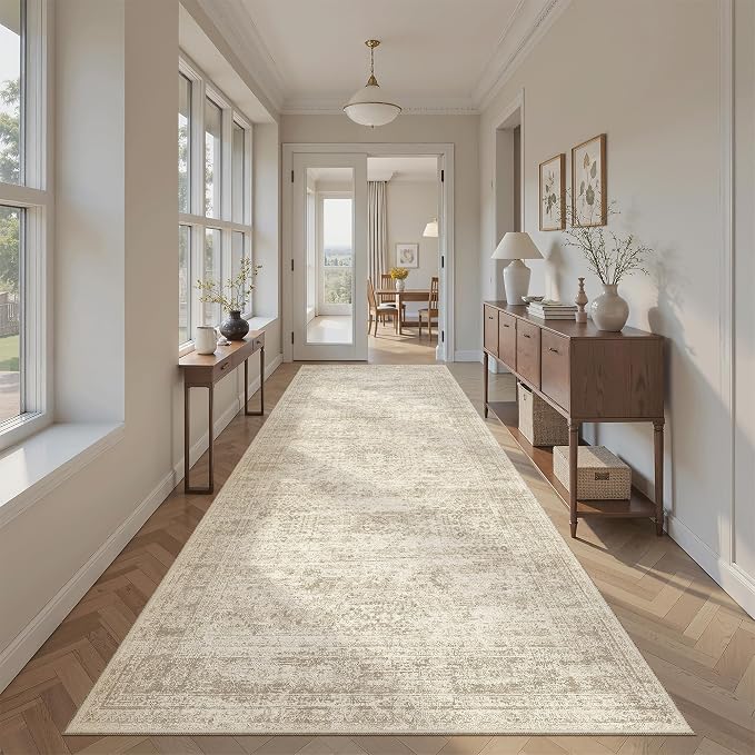 Soalmost Hallway Runner Rug 4x8 Wide: Washable Thin Runners for Hallways Entry, Non Slip Soft Vintage Kitchen Area Rugs for Living Room Bedroom Dining Room Foyer (Beige, 4x8)