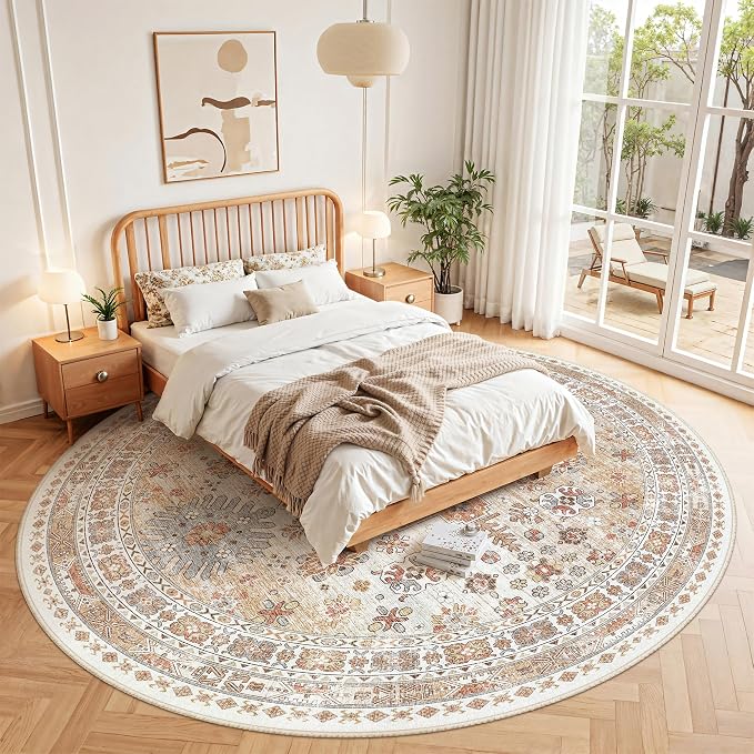 zesthome 8ft Round Rugs for Living Room, Non-Slip Washable Round Area Rugs, Ultra-Thin Large Circle Rugs, Soft Low Pile Rug for Bedroom, Kitchen - Vintage Stain Resistant Round Rug (Orange,8'x8')