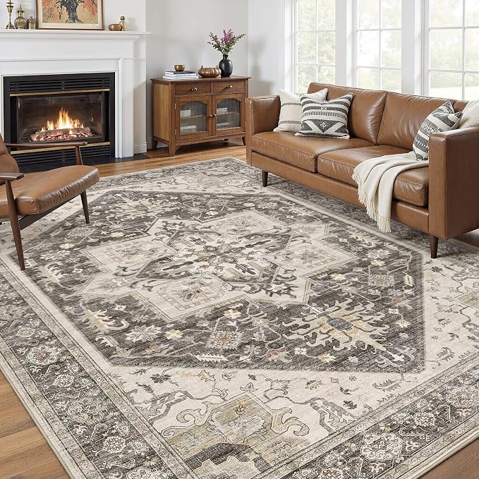 8x10 Area Rugs for Living Room - Large Carpet Ultra Thin Soft Washable Oriental Vintage Floral Distressed Big Indoor Carpets for Bedroom Nursery Dorm Home Decor Aesthetic - Dark Brown