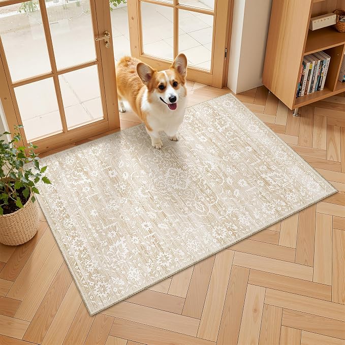 Soalmost 2x3 Area Rugs for Entryway, Washable Neutral Soft Rug Beige | Vintage Floral Low Pile Non-Slip Throw Rugs, Accent Rug Floral Indoor Mat for Bedside Living Room Kitchen Bedroom 2'x3'