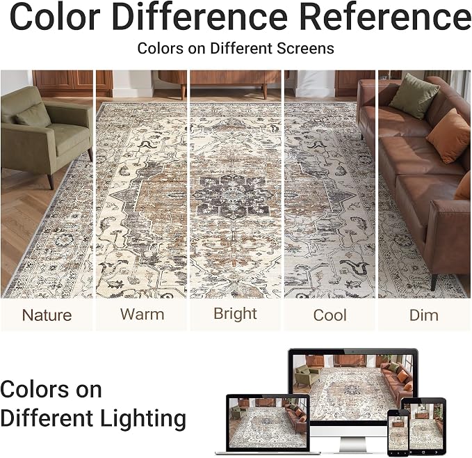 befbee 6x9 Area Rugs for Living Room,Super Soft Ultra-Thin Stain Resistant Machine Washable Rugs for Bedroom,Non-Slip Backing Large Area Rug(Brown/Grey,6'x9')