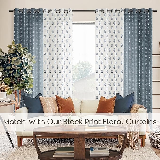Vintage Washed Navy Blue Boho Farmhouse Linen Curtains for Bedroom Living Room, Dark Denim Chambray Floral Sheer Patterned Western Navajo Distressed Curtains 84 Inch Length