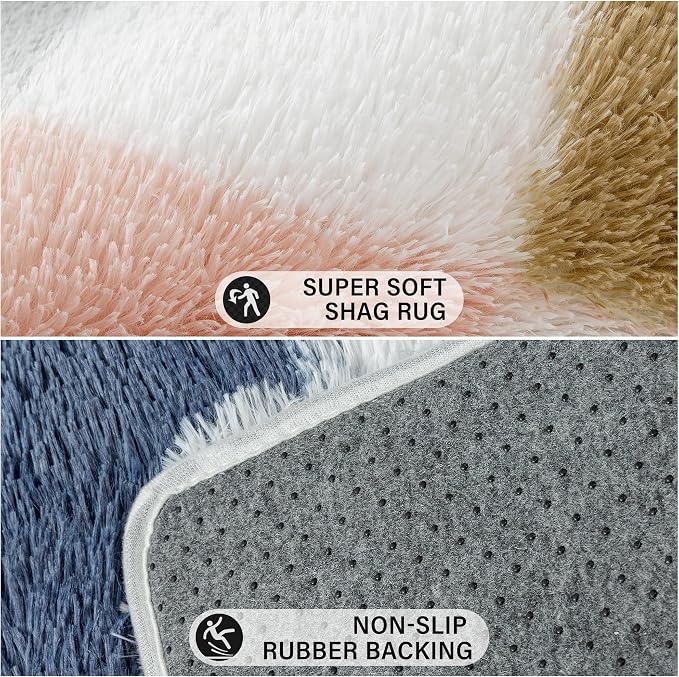 PureCozy Checkered Rug 6x6 for Living Room, Modern Rainbow Shag Super Soft Washable Fluffy Rugs Indoor Fuzzy Carpet for Bedroom Home Dorm Aesthetic Decor