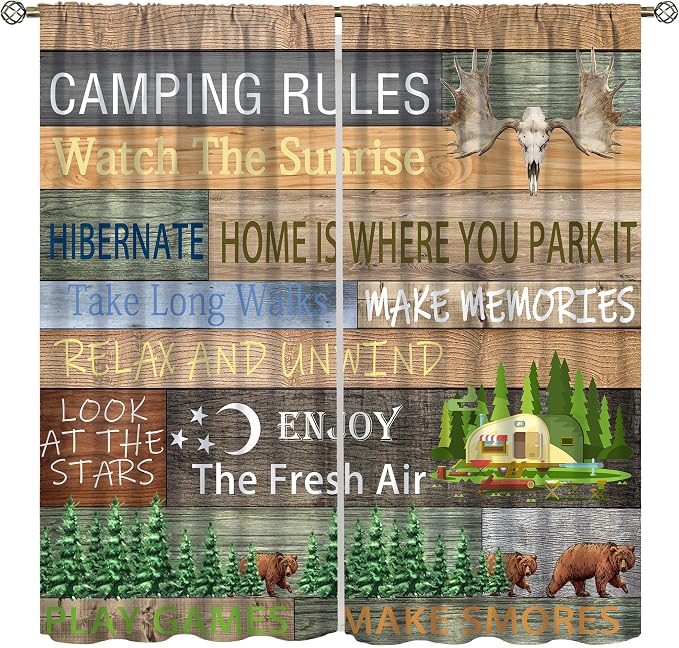 Camping Rules Blackout Curtains for Kitchen Campervan Traveller Outdoor Caravan Decor Rustic Cottage Forest Vintage Plank Background Window Treatments for Farmhouse Bedroom Living Room 42x54in