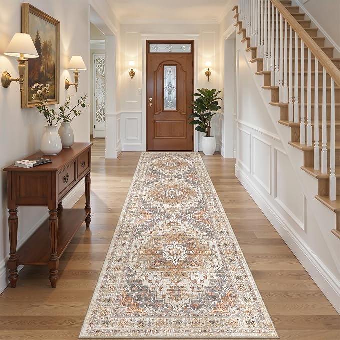 2'6" x 10'Non Slip Runner Rugs - Runners for hallways, Kitchen,Entryway,Stain Resistant Washable Rugs for Bedroom, Indoor Vintage Area Rugs (Turmeric/Grey,2'6" x 10')