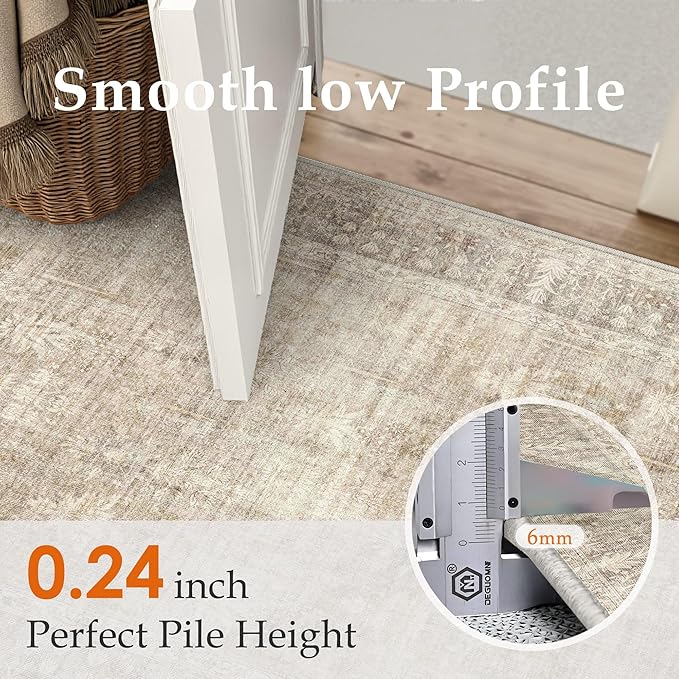 HUGEAR Retro 2x6 Washable Runner Rugs Beige Hallway Bedroom Kitchen Throw Carpet Vintage Distressed Neutral Stain Resistant Non Slip & Shedding Low Pile for Home Aesthetic Decor