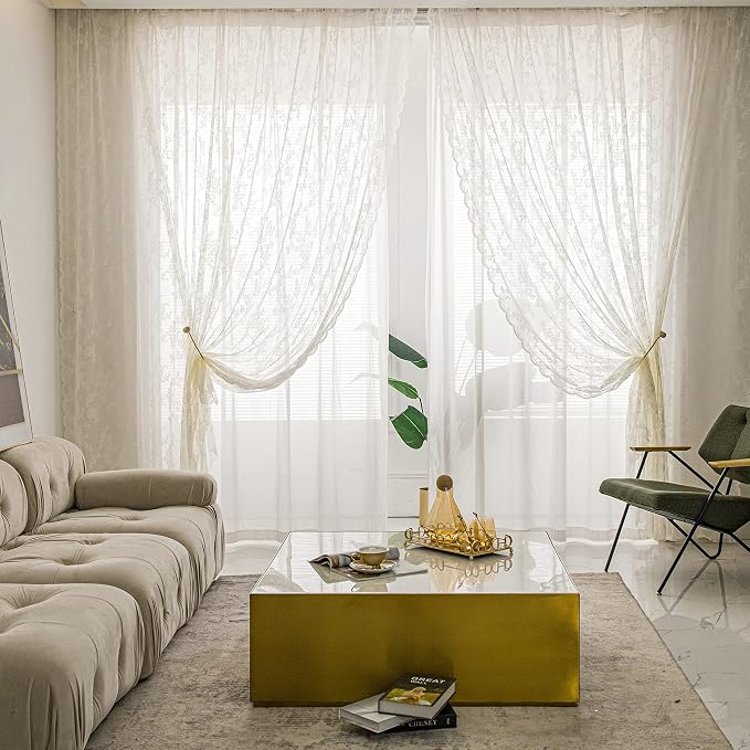 Sutuo Home Ivory Lace Curtains Set of 2, Sheer Panels 63 Inch Length Floral Embroidery Vintage Voile Window Treatment Pair for Bedroom Living Room Kitchen, Shabby Chic Decor Rod Pocket, W57 x L63