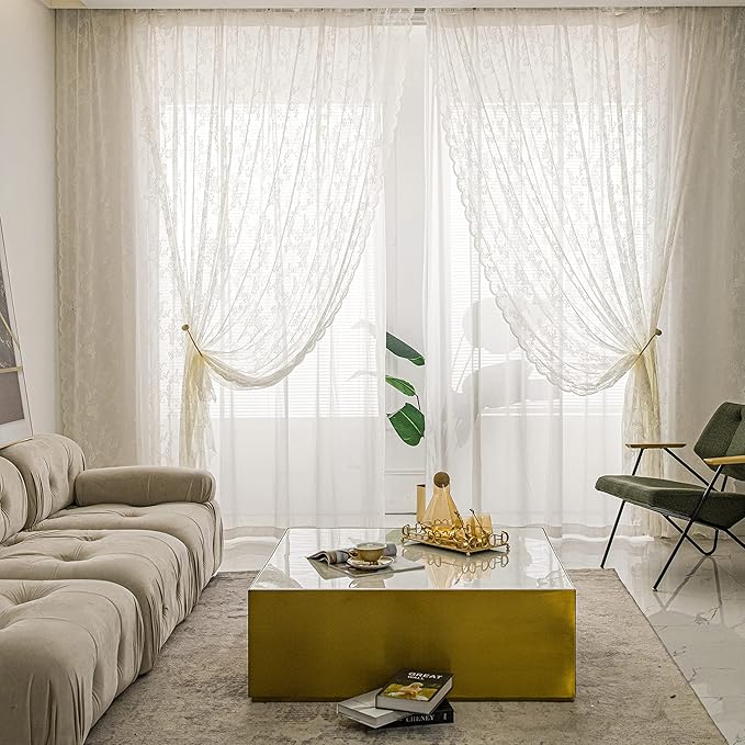 Sutuo Home Ivory Lace Curtains Set of 2, Sheer Panels 72 Inch Length Floral Embroidery Vintage Voile Window Treatment Pair for Bedroom Living Room Kitchen, Shabby Chic Decor Rod Pocket, W57 x L72