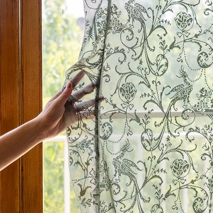 TUDECO Olive Green Sheer Curtains 84 Inch Long - Rustic Country Green Lace Curtains for Living Room Tulle Floral Ruffle Privacy Spring Decor Light Filtering 2 Panels, 59 x 84 Inch