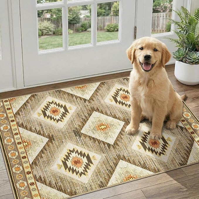 Area Rug 2x3 Rug Machine Washable Non-Slip Low Pile Print Pattern Western Rug for Living Room Bedroom Entryway Tribal Series -Cream/Camel