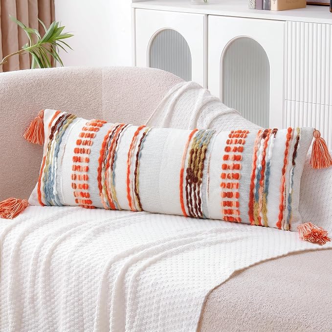 NUYECY Chenille and Cotton Long Pillow for Bed, Striped Textured Boho Lumbar Throw Pillow Cover 14x36, Neutral Accent Decorative Extra Long Body Pillow Case for Couch, Sofa, Bedroom, Red