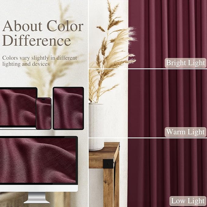 Burgundy Linen Curtains 63 Inches Long 2 Panel Sets for Living Room Bedroom Rod Pocket Back Tab Light Filtering Drape for Kitchen Window Short Protect Privacy Curtain Modern Farmhouse Decor 52x63