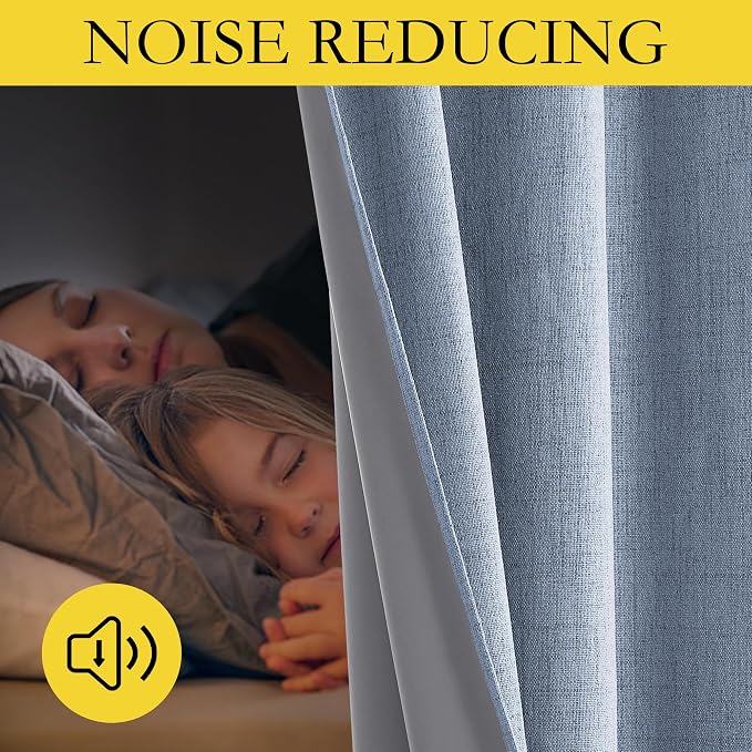 NICETOWN Stone Blue Vintage Linen 100% Blackout Curtains for Living Room, Thermal Insulated Curtains 84“ Long, Noise Reducing Window Treatment Drapes for Hall Room, 52" Wide Per Panel, Set of 2