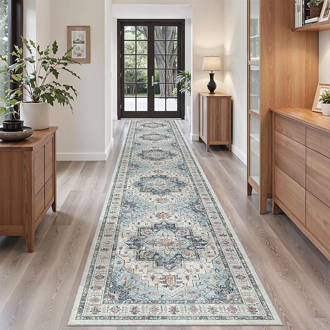 Madane Hallway Runner Rug 2'6''x14' Kitchen Runners Vintage, Blue | Long Non-Slip Washable Rugs 14ft for Laundry Room, Entryway and Bedroom, Soft Low Pile Stain-Resistant 2.5x14 Ft Floor Carpet