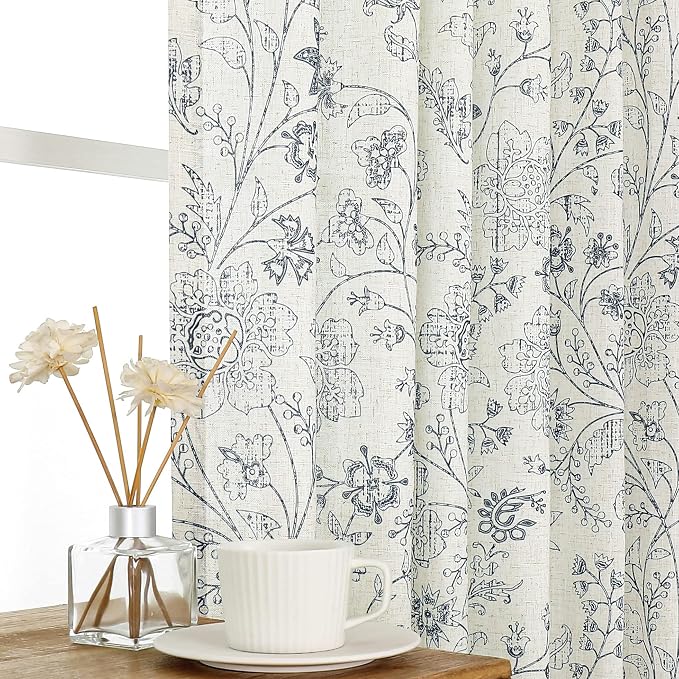 Vision Home Pinch Pleated Linen Light Filtering Curtains Blue Leaf Floral Print Window Drapes with Microfiber Liner & Back Tab Hooks for Living Room Bedroom, Farmhouse Cottagecore 40x90 Inch Set of 2