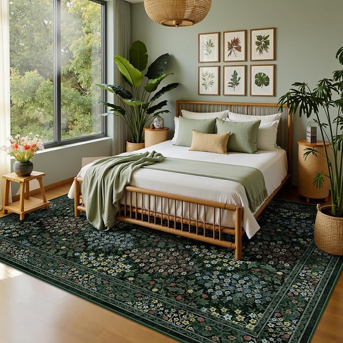 6x9 Area Rugs, Washable Floral Rugs for Living Room, Indoor Area Rug for Bedroom, Dining Room, Low Pile Non-Slip Non Shedding Rug(Dark Green Floral)