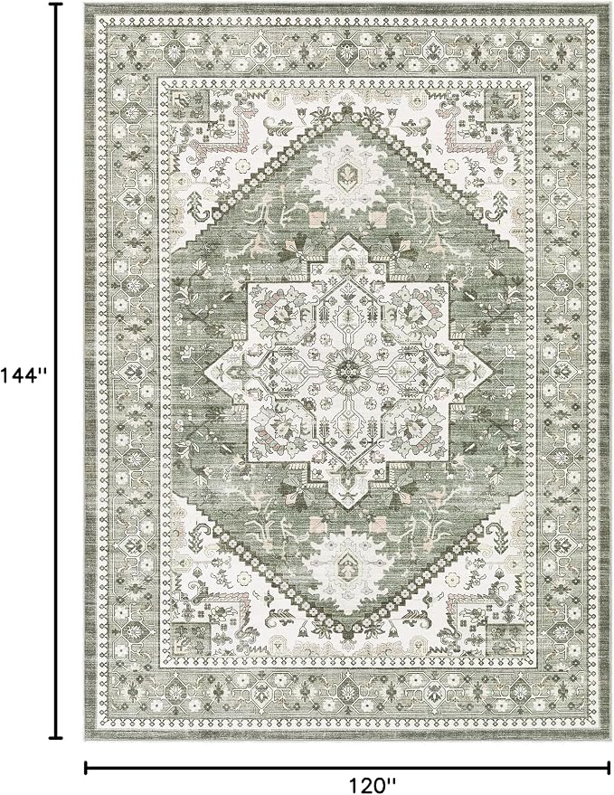 10x12 Vintage Area Rug: Washable Neutral Soft Non Slip Thin Large Floor Carpet for Living Room Bedroom Kitchen Dining Room Home Office Farmhouse Indoor - Green