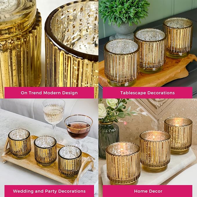Gold Vintage Ribbed Glass Tealight Votive Candle Holders by Kate Aspen (Set of 6), Fall Decor, Boho Decor, Shelf Decoration | Perfect Hostess Gift or Home Decor (Pack of 6)