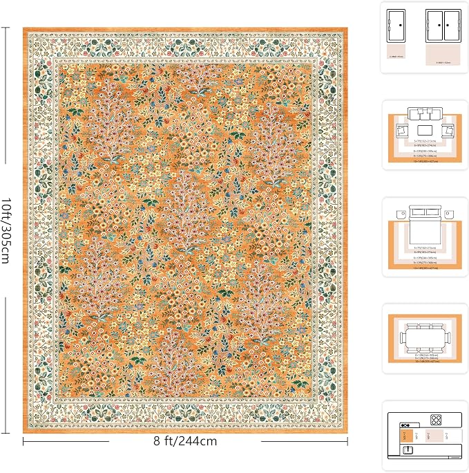 8x10 Area Rugs, Machine Washable Low Pile Floral Rugs for Living Room, Bedroom, Large Boho Area Rug with Non-Slip Backing for Dining Room(Orange Floral)