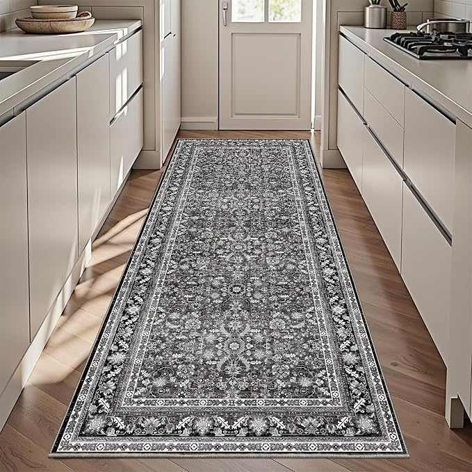 OPPODREAM Vintage Black 3x6 Runner Rug, 3 x 6 Retro Washable Rug Non Slip, Low-Pile Faux Wool Carpet, Distressed Floor Mat for Kitchen, Hallway, Entry-Way, Entrance, Indoor Back Door