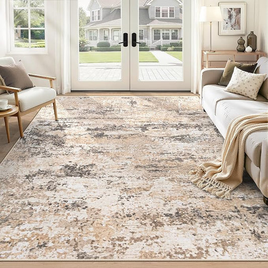 6x9 Area Rugs for Living Room: Washable Abstract Neutral Rug Modern Soft Non Slip Low Pile Rugs Floor Indoor Stain Resistant Carpet for Bedroom Dining Room Nursery Home Office (Light Brown, 6'x9')