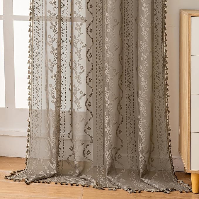 WAZZIO Boho Lace Curtains 2 Panels 84 Inch -Victorian Sheer Panel Drape French Country Floral Pattern & Tassel Light Filtering Privacy for Bedroom Dining Living Room,Coastal Decor,Taupe,W52x L84