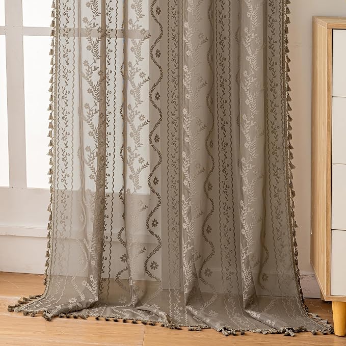 WAZZIO Boho Lace Curtains 2 Panels 63 Inch -Victorian Sheer Panel Drape French Country Floral Pattern & Tassel Light Filtering Privacy for Bedroom Dining Living Room,Coastal Decor,Taupe,W52x L63