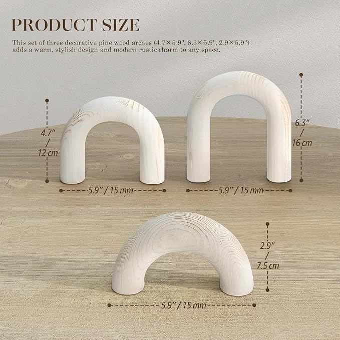 EOSAHR Pine Wood Arch Decor for Shelf Decor - Decorative Objects for Coffee Table Decor, Side & Console - Simple Modern Wood Sculpture, Shelf Decorations for Room Aesthetic (Whitewash)