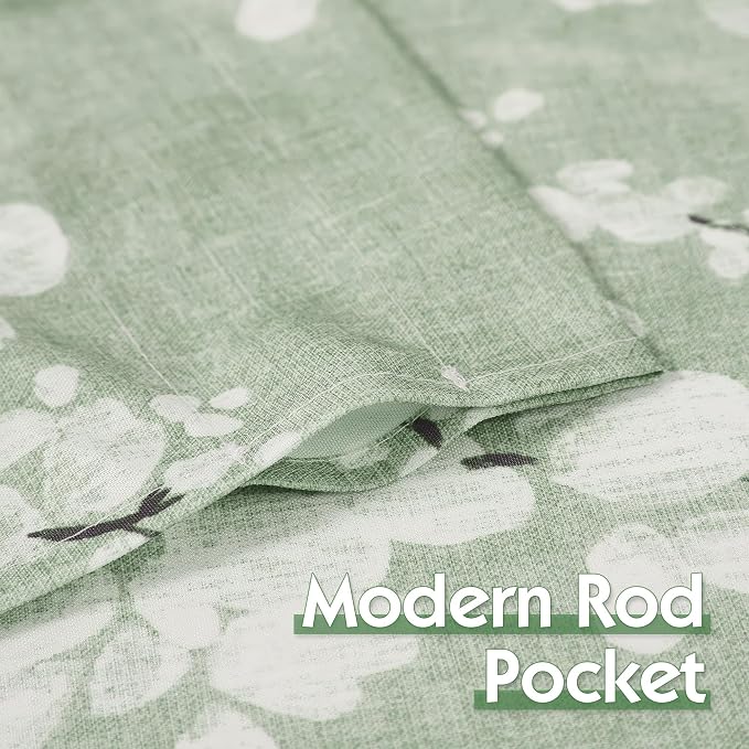 FMFUNCTEX Green White Kitchen Tier Curtains 24 Inch Length Blossom Print Half Window Drapes for Bathroom Floral Patterned Light Filtering Privacy Protected Café Curtain Panels Rod Pocket 2 Panels