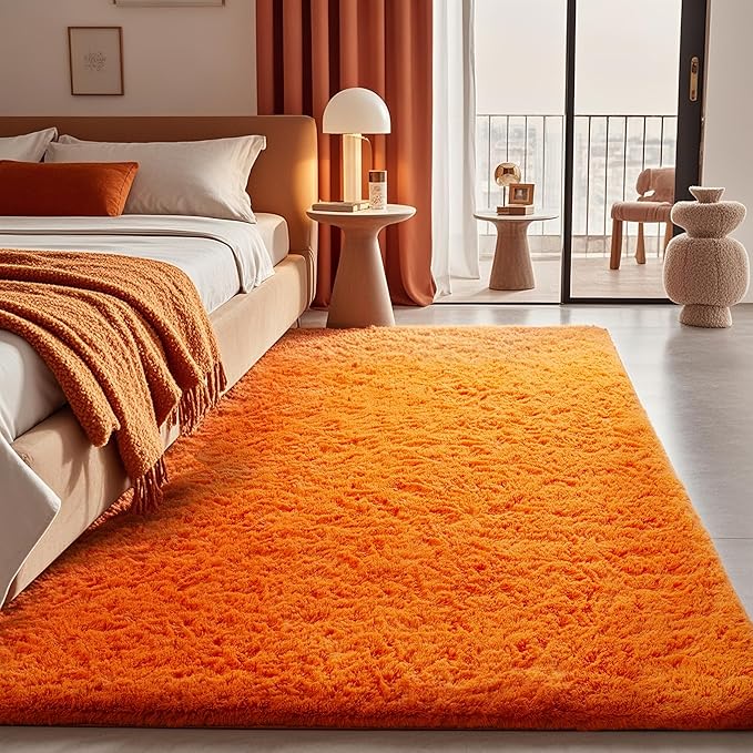 Ophanie Orange Fall Rugs for Bedroom Living Room,Fluffy Fuzzy Furry Carpet,Plush Soft Shaggy Bedside Indoor Floor 4x6 Area Rug for Kids Girls Boys Baby Teen Dorm Decor with Over 99 pcs Pile fibers