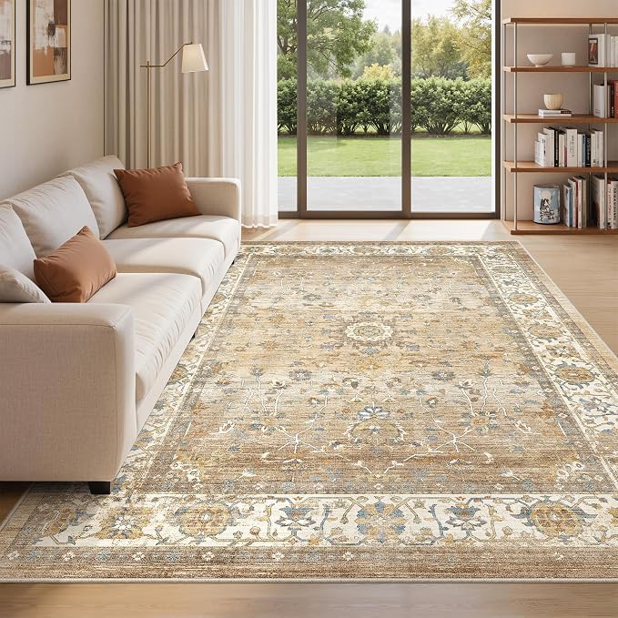 befbee 5x7 Area Rugs for Living Room,Stain Resistant Washable Rug,Non-Slip Backing Rugs for Bedroom,Kitchen,Printed Vintage Home Decor Rug (Apricot/Blue, 5'x7')