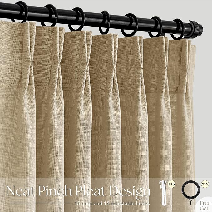Tan Curtains 96 inches Long 2 Panel Set for Living Room Camel Beige Rustic Farmhouse Pinch Pleated Drapes Memory Trained Light Filtering Linen Curtain with Pinch Pleat Clips 96" Length Kahki
