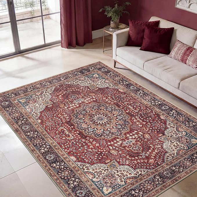 Keen Home Design 5x7 Rug - Machine Washable Area Rug with Non-Slip Backing, Ideal for Living Room, Dining Room, Bedroom - Vintage, Easy Clean, Durable, Low Pile Rug - (5' x 7')