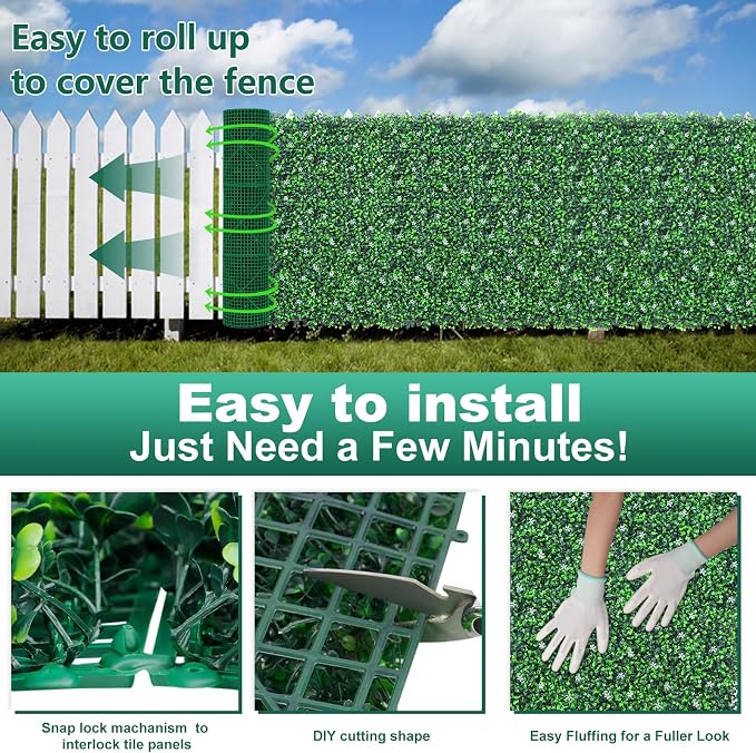 Yangrass Boxwood Roll Panels with Flowers, 60"x120" (50 sqft) Artificial Ivy Privacy Fence Screen, UV-Anti Faux Boxwood Roll Grass Wall Panels for Patio Garden Balcony Decor