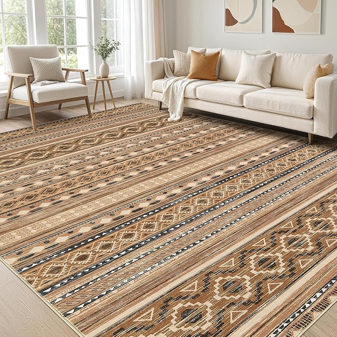 cotiled 7x9 Area Rugs Living Room Rug: Washable Boho Rugs with Non Slip Backing Large Soft Indoor Stain Resistant Carpet for Bedroom Farmhouse Dining Room Lightweight Home Decor Brown/Beige