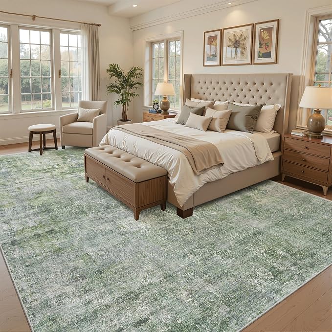 Soalmost Area Rug 10x12 Vintage Washable Living Room Large Carpet Non Slip Bedroom Indoor Office Dining Room Low Pile Thin Rug Green/Ivory