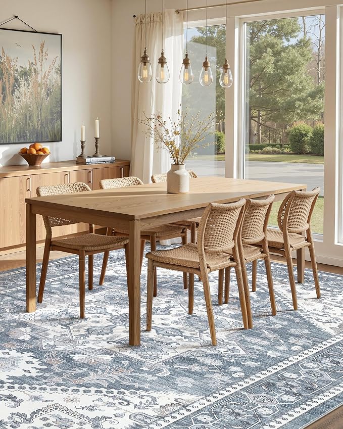 9x12 Vintage Area Rug: Washable Neutral Soft Non Slip Thin Large Floor Carpet for Living Room Bedroom Kitchen Dining Room Home Office Farmhouse Indoor - Blue