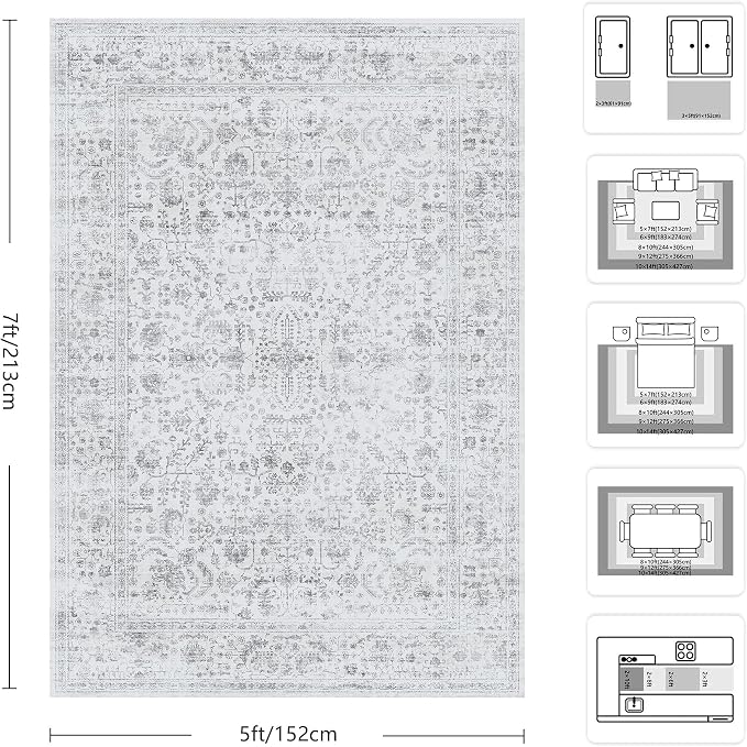 5x7 Area Rugs, Washable Vintage Retro Floral Rug for Living Room, Low Pile Non Slip Distressed Large Carpet for Bedroom, Dining Room, Office, Home (Grey)